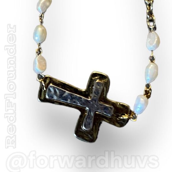 Gold Tone Cross Necklace with Simulated Pearl - Picture 3 of 7